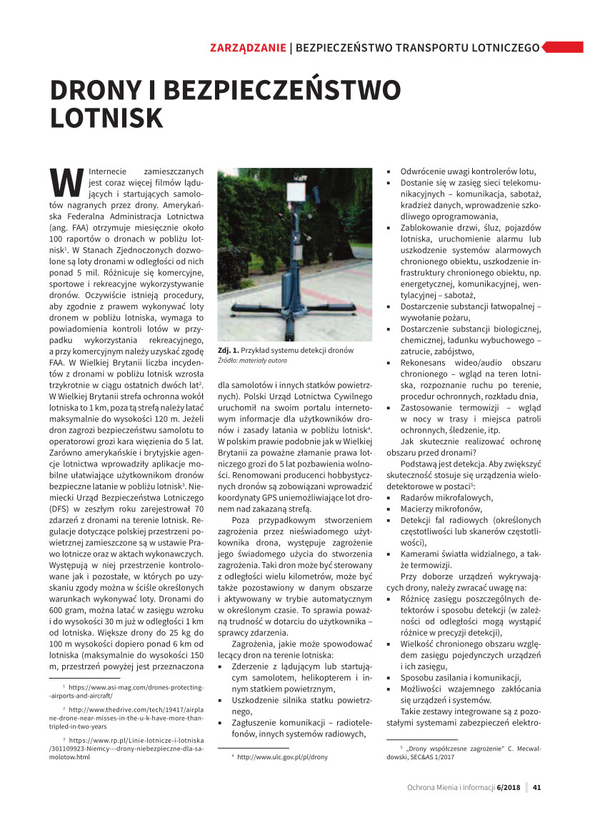 „Drony i bezpieczeństwo lotnisk”, Cezary Mecwaldowski, „Ochrona Mienia i Informacji” nr 6/2018