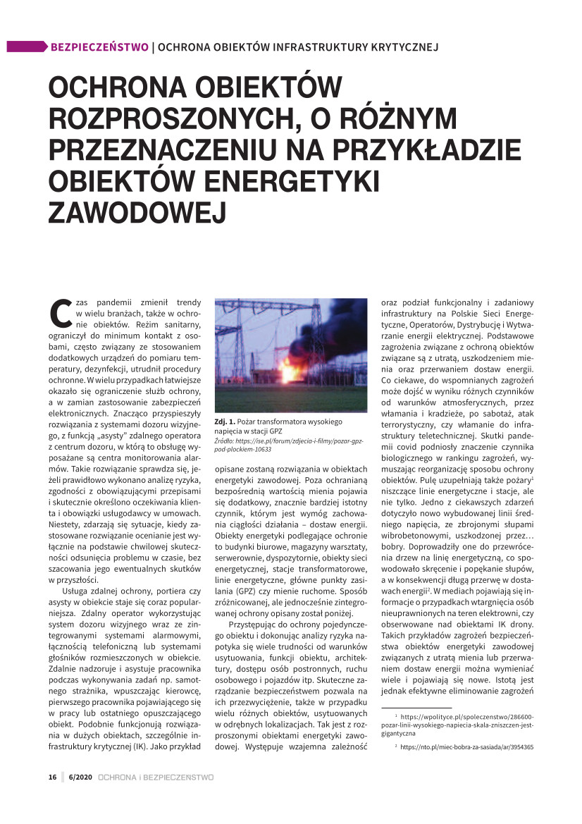 „Ochrona obiektów rozproszonych o różnym przeznaczeniu na przykładzie obiektów energetyki zawodowej”, Cezary Mecwaldowski, „Ochrona i Bezpieczeństwo nr 6/2020”