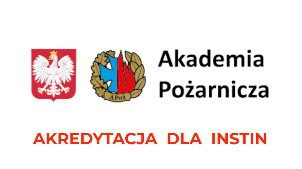 Baner posta Akredytacja Akademii Pożarniczej dla Instin. Logo Akademii Pożarniczej. Po lewej godło Polski. Po środku herb z symbolem płomienia w kolorze czerwonym i krzyża w kolorze niebieskim połączone ze sobą i otoczone wieńcem brązowych liści dębu. Liście połączone wstęgą z napisem APoż. Po prawej napis Akademia Pożarnicza w dwóch linijkach. Tło białe. Pod logiem tytuł posta.