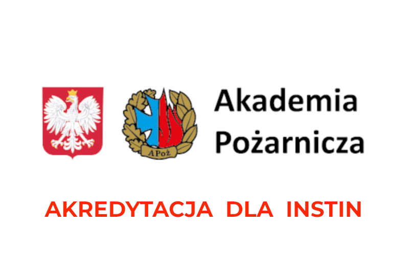 Baner posta Akredytacja Akademii Pożarniczej dla Instin. Logo Akademii Pożarniczej. Po lewej godło Polski. Po środku herb z symbolem płomienia w kolorze czerwonym i krzyża w kolorze niebieskim połączone ze sobą i otoczone wieńcem brązowych liści dębu. Liście połączone wstęgą z napisem APoż. Po prawej napis Akademia Pożarnicza w dwóch linijkach. Tło białe. Pod logiem tytuł posta.