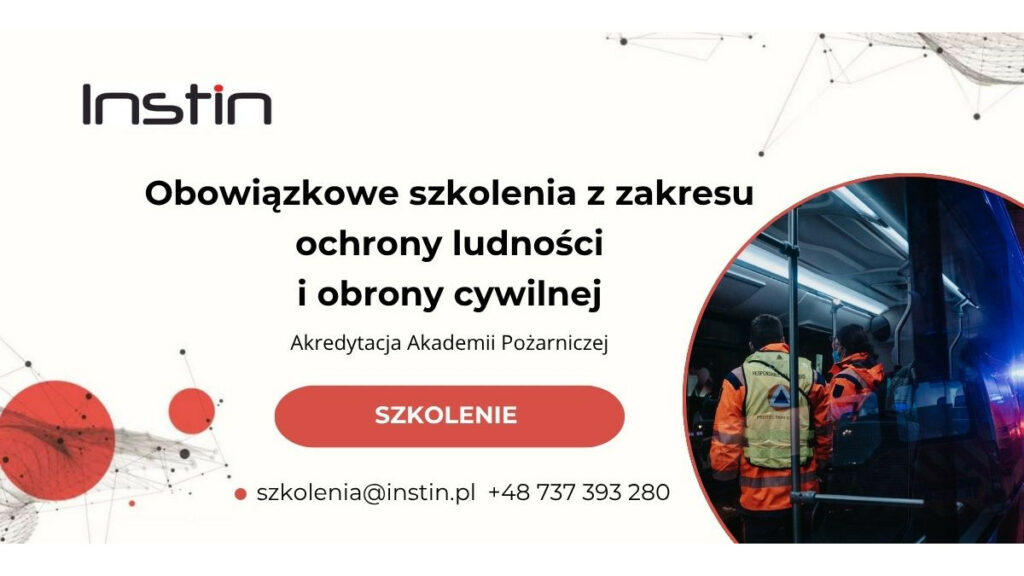 Baner szkolenia. W lewym górnym rogu logo Instin - czarny napis z czerwoną kropką nad i. Po środku znajduje się tytuł szkolenia Obowiązkowe szkolenia z zakresu ochrony ludności i obrony cywilnej, Akredytacja Akademii Pożarniczej. Na dole adres e-mail szkolenia małpa instin.pl i numer telefonu +48 737 393 280. W prawym dolnym rogu grafika z ludźmi ubranymi w odzież ochronną dla służb ratowniczych stojącymi w autobusie.