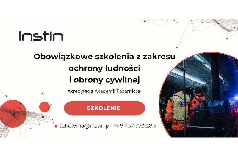 Baner szkolenia. W lewym górnym rogu logo Instin - czarny napis z czerwoną kropką nad i. Po środku znajduje się tytuł szkolenia Obowiązkowe szkolenia z zakresu ochrony ludności i obrony cywilnej, Akredytacja Akademii Pożarniczej. Na dole adres e-mail szkolenia małpa instin.pl i numer telefonu +48 737 393 280. W prawym dolnym rogu grafika z ludźmi ubranymi w odzież ochronną dla służb ratowniczych stojącymi w autobusie.